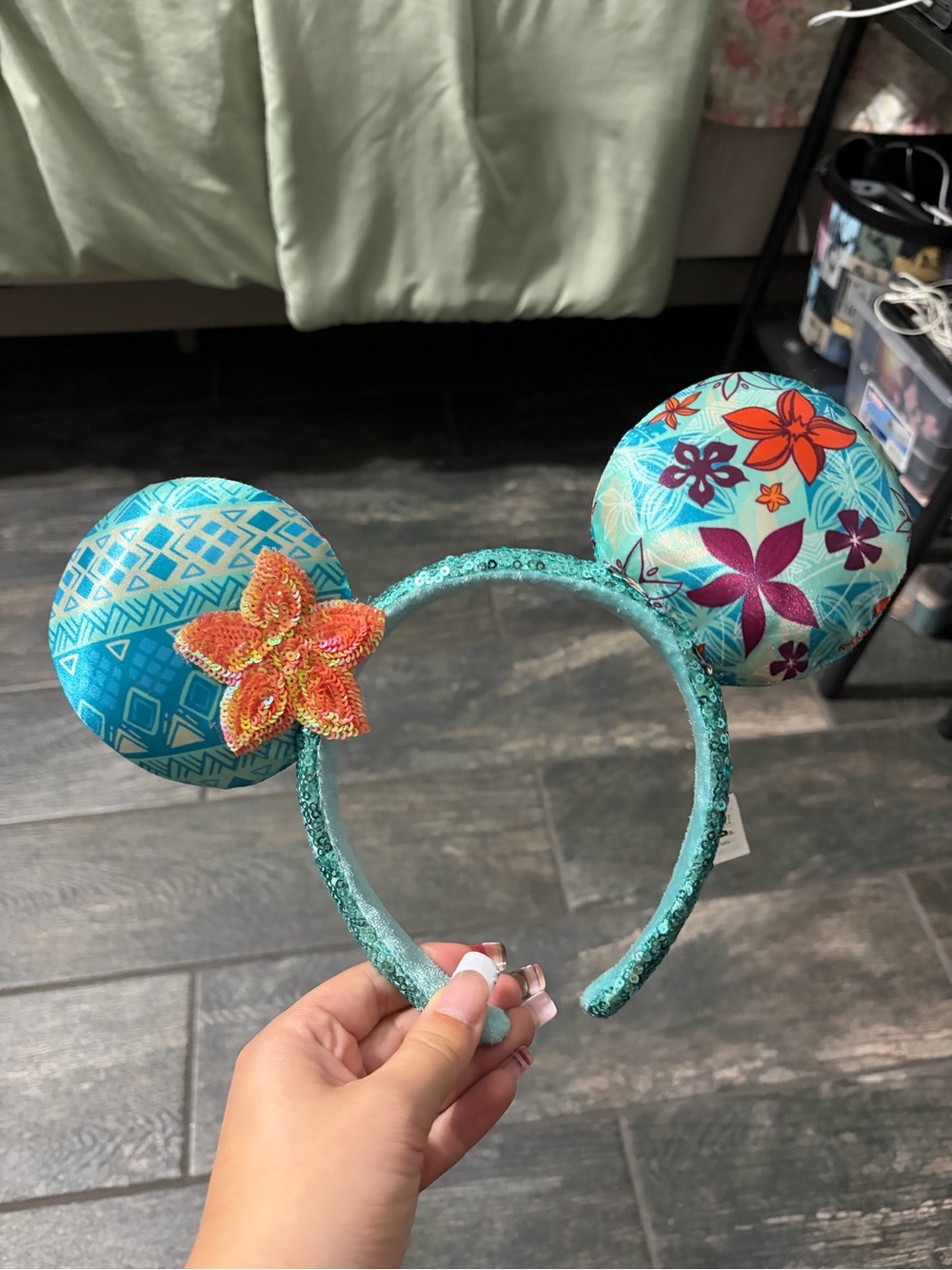Disney Teal Sequin Floral Mickey Ear Headband with Orange Starfish Accent